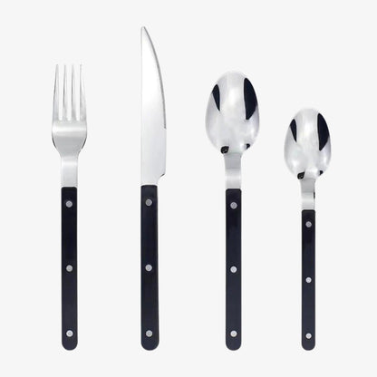 Firedelers bestiksæt med sort håndtag: gaffel, kniv, spiseske og teske i rustfrit stål. Elegant design, perfekt til moderne borddækning.