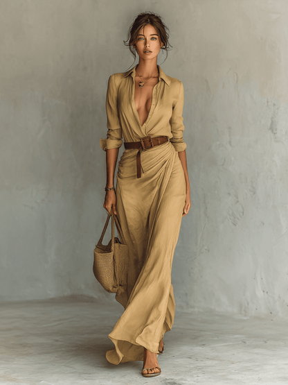 Allison - Lapel Belted Long Dress