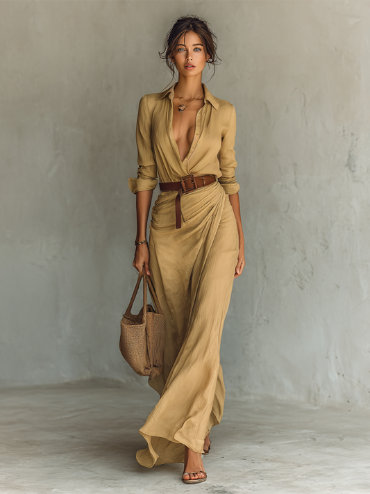 Elegant Long Maxi Dress with Notched Collar and Belt Included