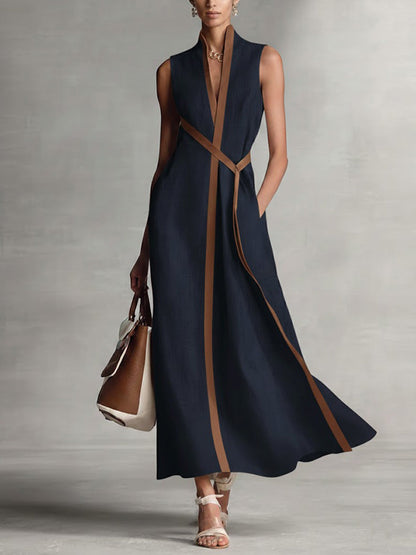 Damen Ärmelloses Baumwoll-Leinen Freizeitkleid mit Stehkragen