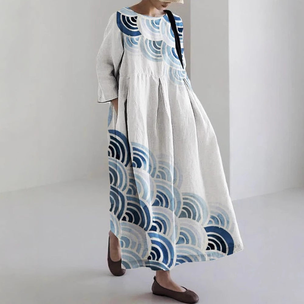 Robe Maxi Décontractée à Impression Numérique pour Femme – Col Rond Évasé avec Poches