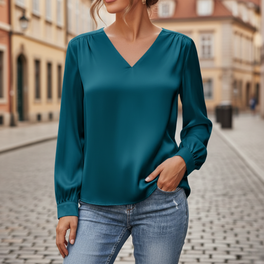 Damen Satinbluse mit V-Ausschnitt und Langarm
