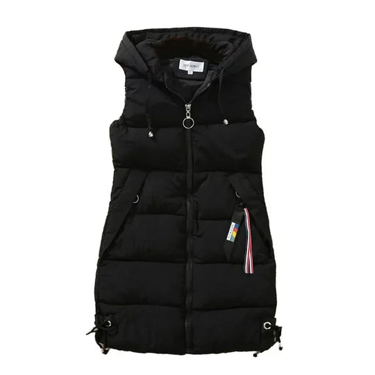 Liora - Veste chic à capuche sans manches avec poches zippées