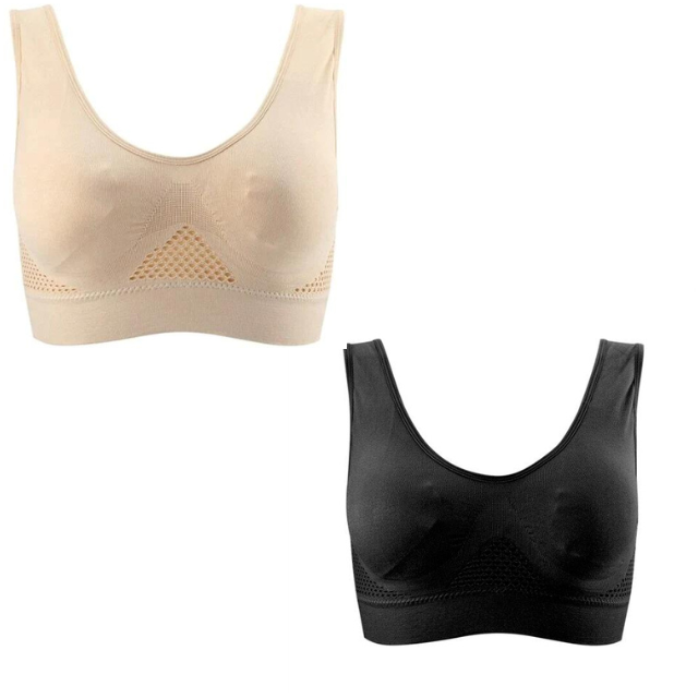 Deux soutiens-gorge sans couture, beige et noir, avec design respirant. Lingerie confortable pour femme, idéale pour le sport et le quotidien.