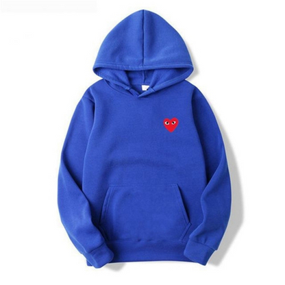 Blauer Damen-Hoodie mit rotem Herz-Design, Baumwolle, Kapuze, Kängurutasche, modisch.