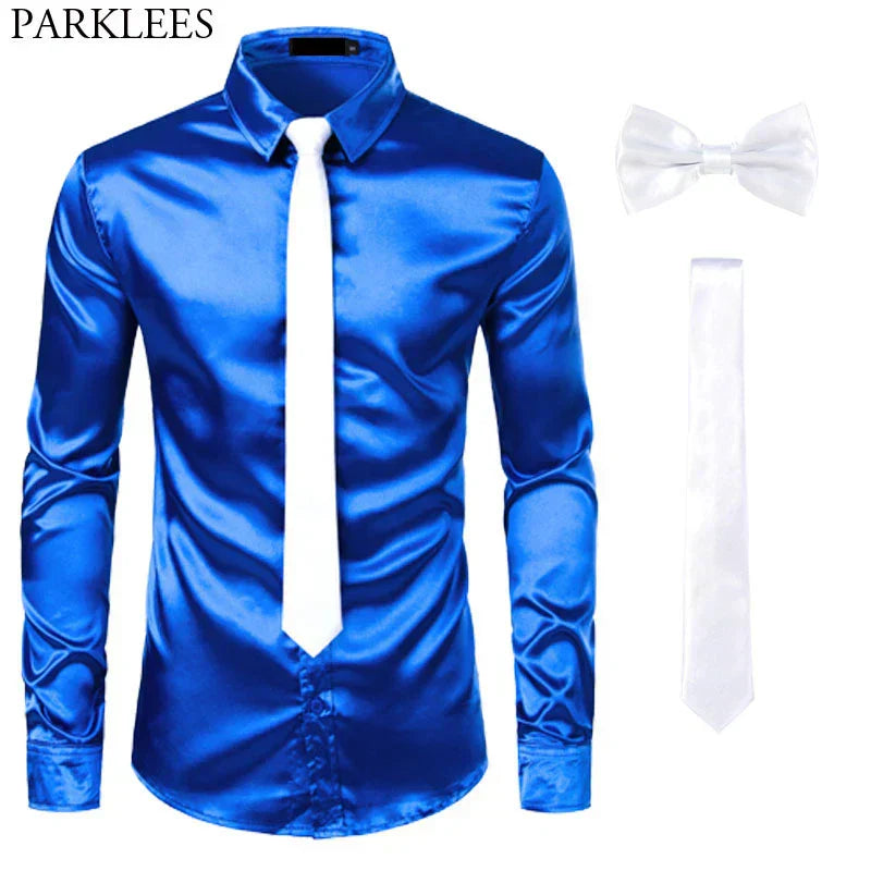 Blaues Satinhemd mit weißer Krawatte und Fliege, Herrenmode, Slim Fit, Party-Outfit.