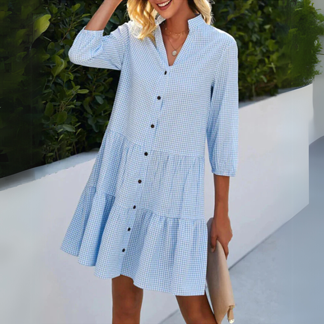 Robe femme courte à carreaux col V manches 3/4 boutonnée fluide été décontractée