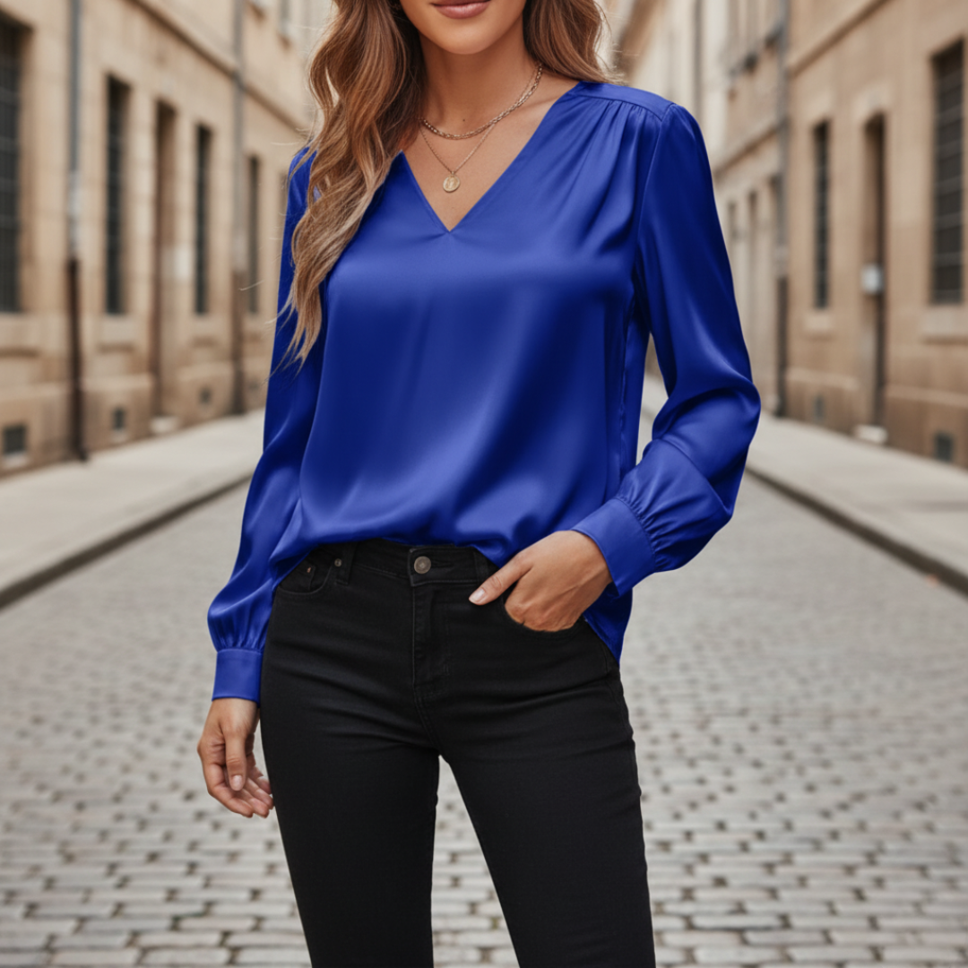 Damen Satinbluse mit V-Ausschnitt und Langarm