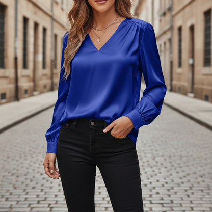 Damen Satinbluse mit V-Ausschnitt und Langarm