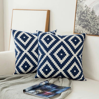 Blauw Geborduurd Sierkussen | Klassiek Ornamentmotief | Zachte Luxe Stof 45x45 cm