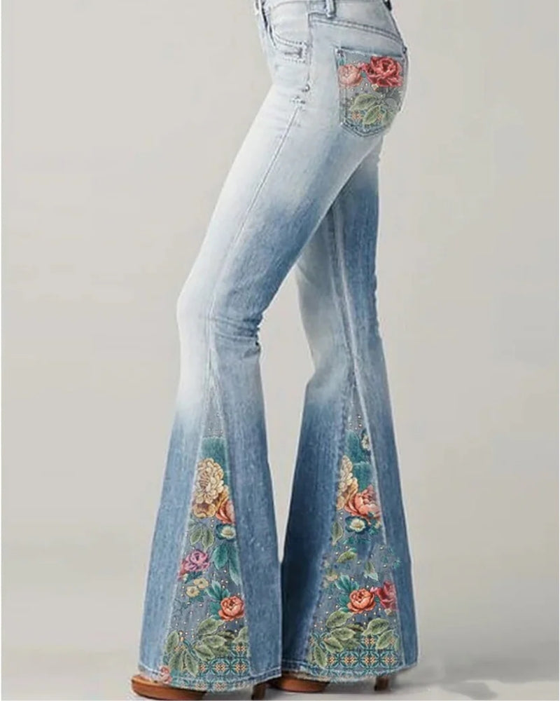 Blumige Damen Schlagjeans mit Hoher Taille | Retro-Design