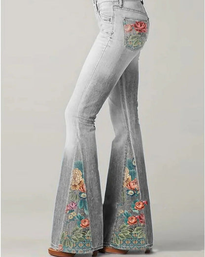 Blumige Damen Schlagjeans mit Hoher Taille | Retro-Design