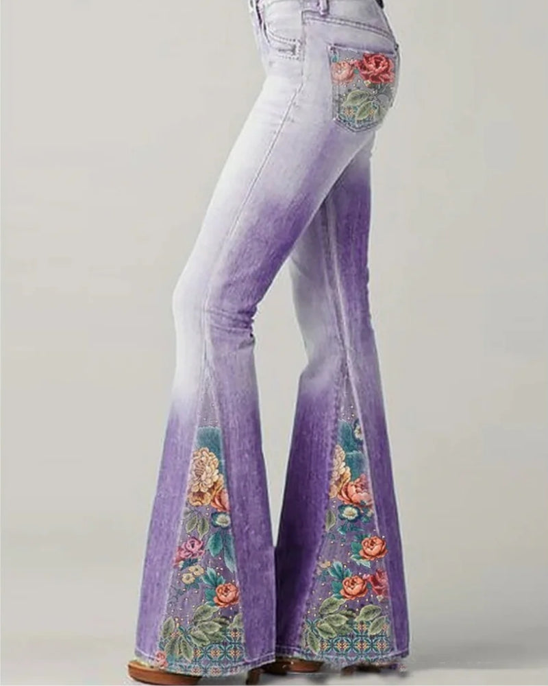 Blumige Damen Schlagjeans mit Hoher Taille | Retro-Design