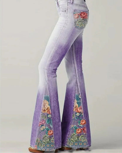 Blumige Damen Schlagjeans mit Hoher Taille | Retro-Design