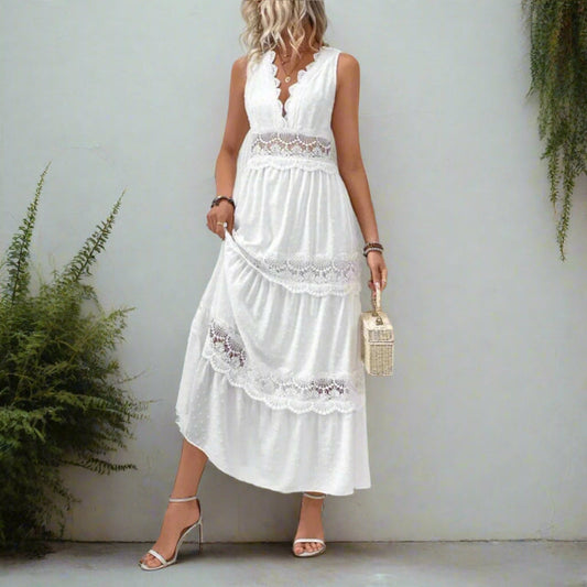 Boho Elegant White Lace Maxi Dress