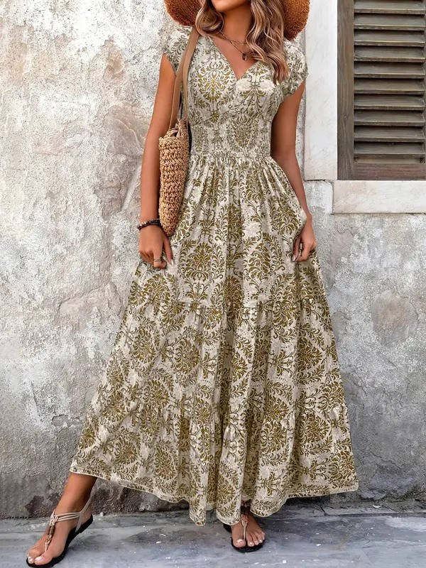 Boho Maxi Dress Smocked Waist Tiered V-Neck Cap Sleeve