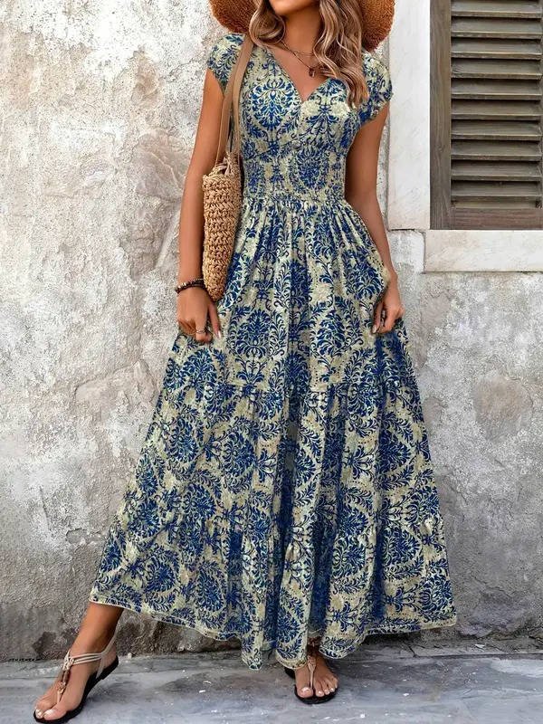 Boho Maxi Dress Smocked Waist Tiered V-Neck Cap Sleeve