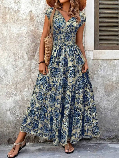Boho Maxi Dress Smocked Waist Tiered V-Neck Cap Sleeve