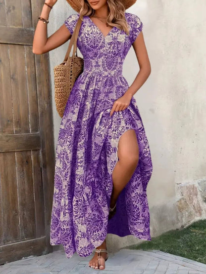 Boho Maxi Dress Smocked Waist Tiered V-Neck Cap Sleeve