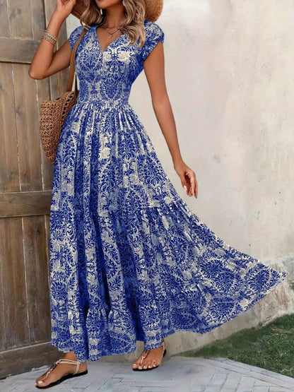 Boho Maxi Dress Smocked Waist Tiered V-Neck Cap Sleeve