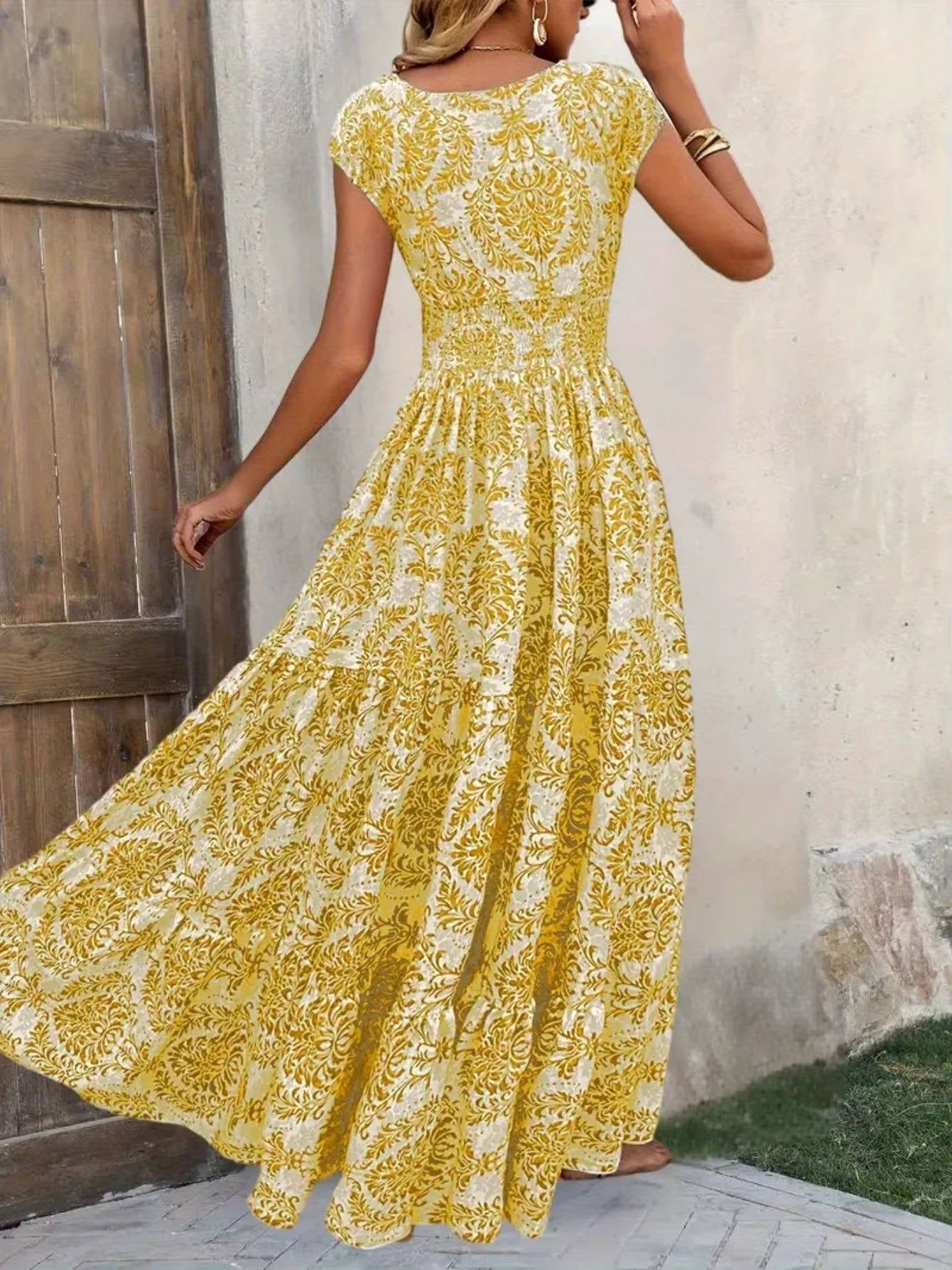 Boho Maxi Dress Smocked Waist Tiered V-Neck Cap Sleeve
