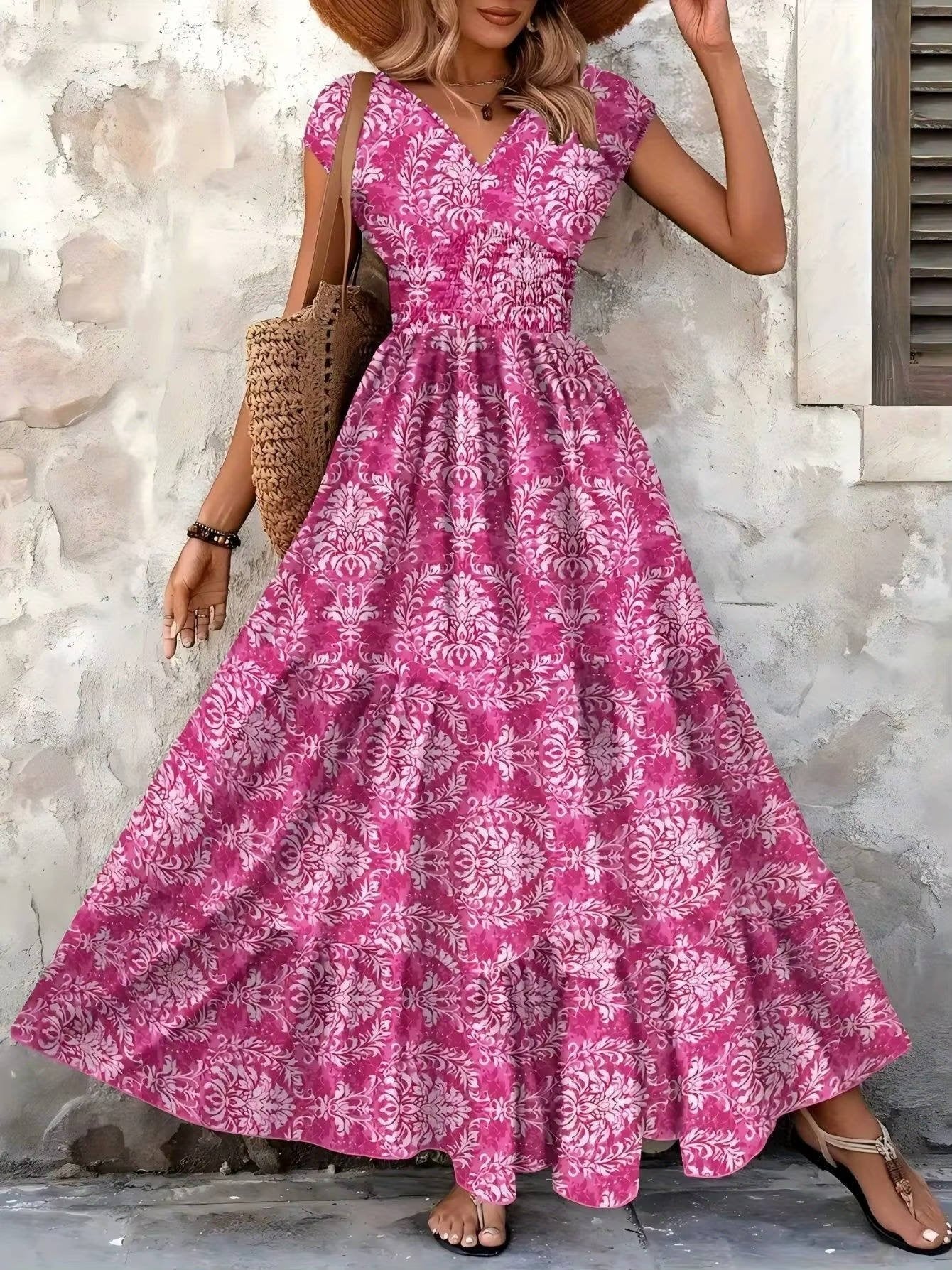 Boho Maxi Dress Smocked Waist Tiered V-Neck Cap Sleeve