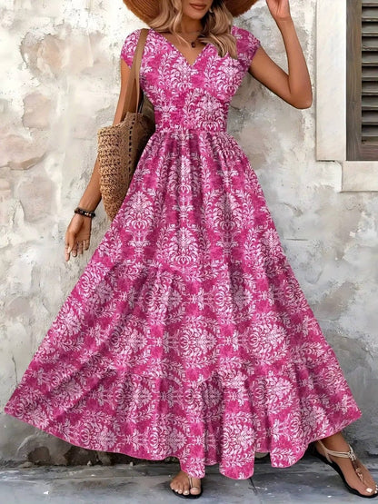 Boho Maxi Dress Smocked Waist Tiered V-Neck Cap Sleeve