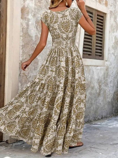 Boho Maxi Dress Smocked Waist Tiered V-Neck Cap Sleeve