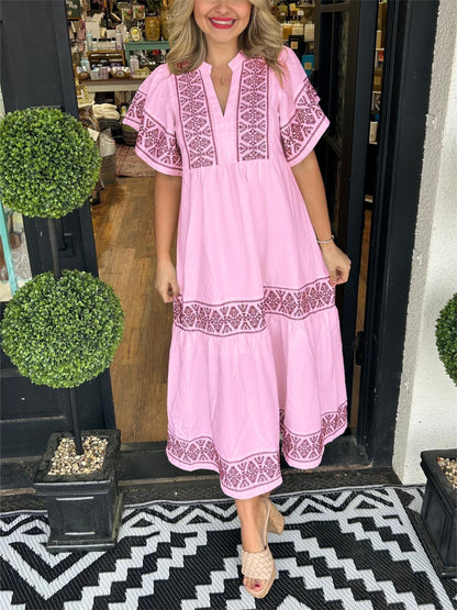 Olivia | Boho Maxi Dress V-Neck Embroidered Tummy Control Flowy