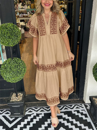 Olivia | Boho Maxi Dress V-Neck Embroidered Tummy Control Flowy
