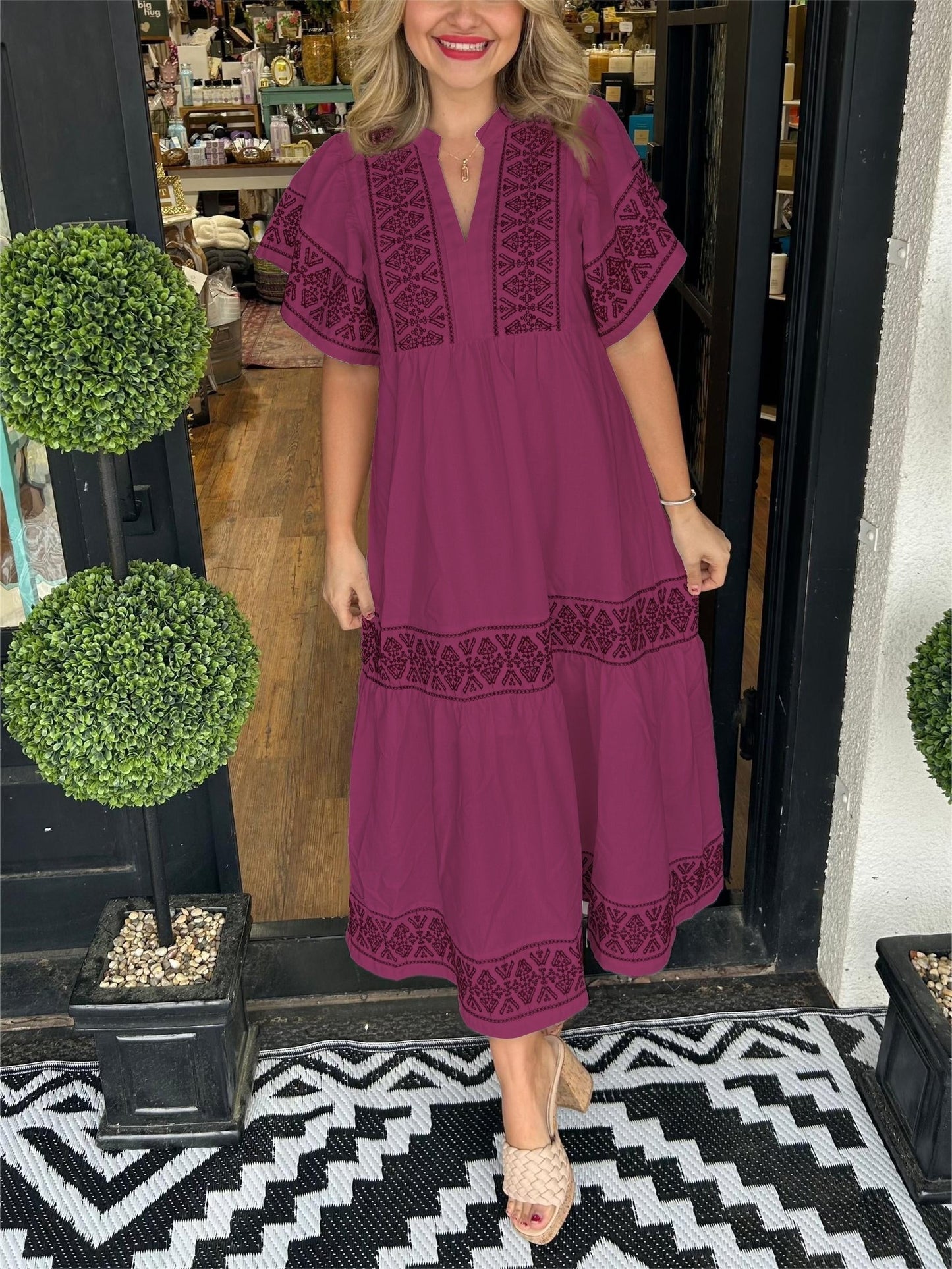 Olivia | Boho Maxi Dress V-Neck Embroidered Tummy Control Flowy