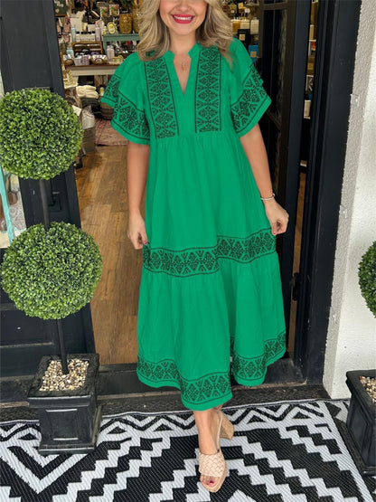 Olivia | Boho Maxi Dress V-Neck Embroidered Tummy Control Flowy