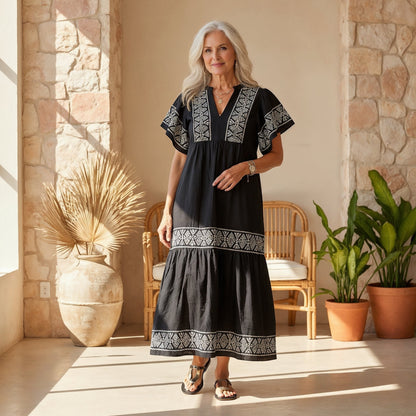 Olivia | Boho Maxi Dress V-Neck Embroidered Tummy Control Flowy
