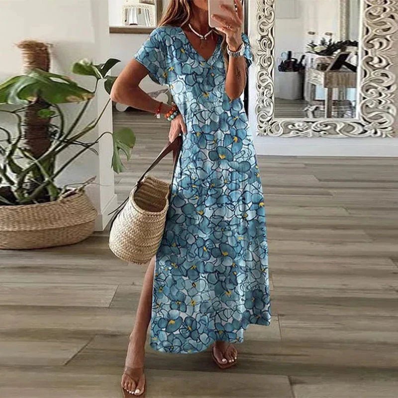 Scarlett | Boho Maxi Dress V-Neck Short Sleeve Side Split Print