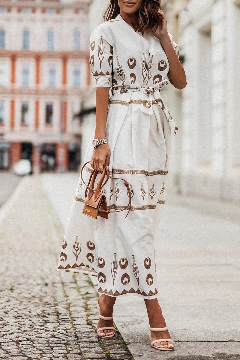Boho Midi Dress Belted A-Line 3/4 Sleeve Geometric Print