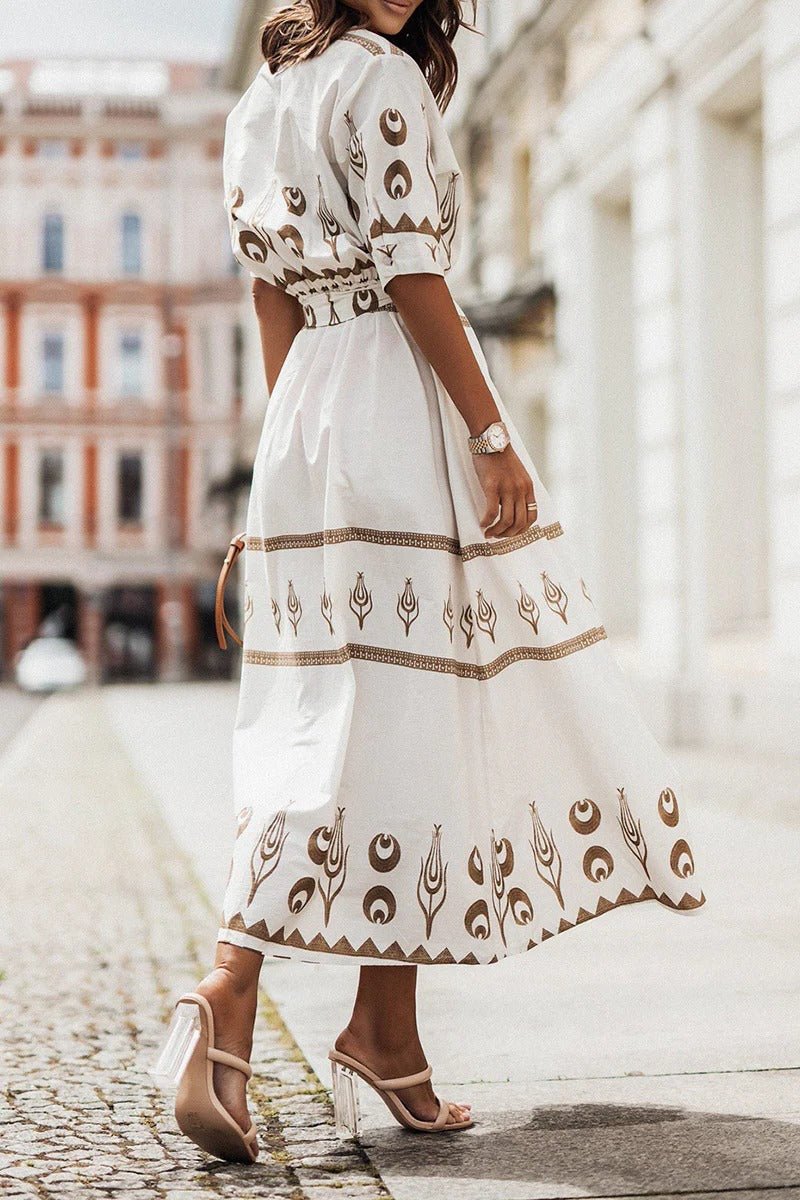 Boho Midi Dress Belted A-Line 3/4 Sleeve Geometric Print