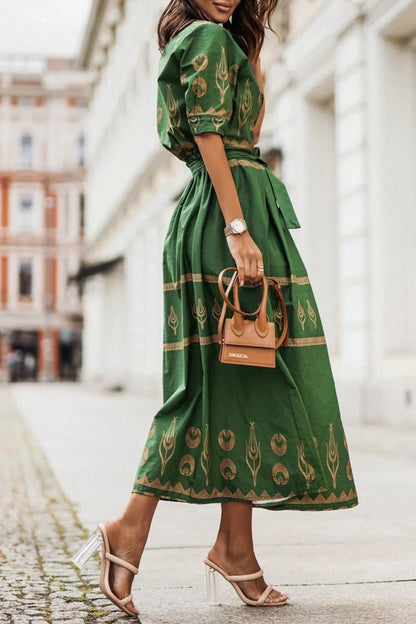 Boho Midi Dress Belted A-Line 3/4 Sleeve Geometric Print