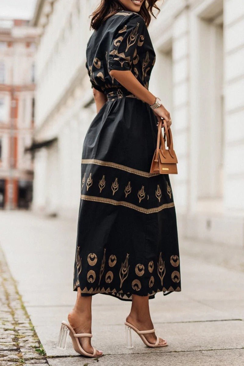 Boho Midi Dress Belted A-Line 3/4 Sleeve Geometric Print