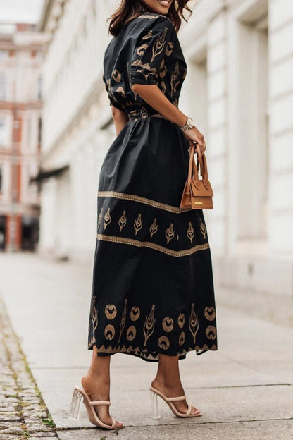 Boho Midi Dress Belted A-Line 3/4 Sleeve Geometric Print