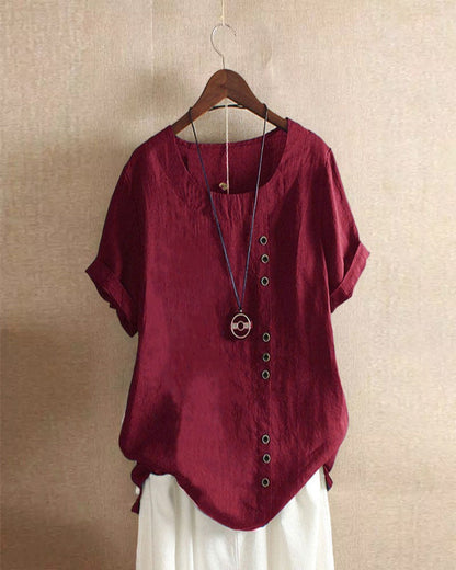 Bordeauxrote Damenbluse aus Leinen mit Knopfleiste, lässig, kurzärmelig, Sommermode.