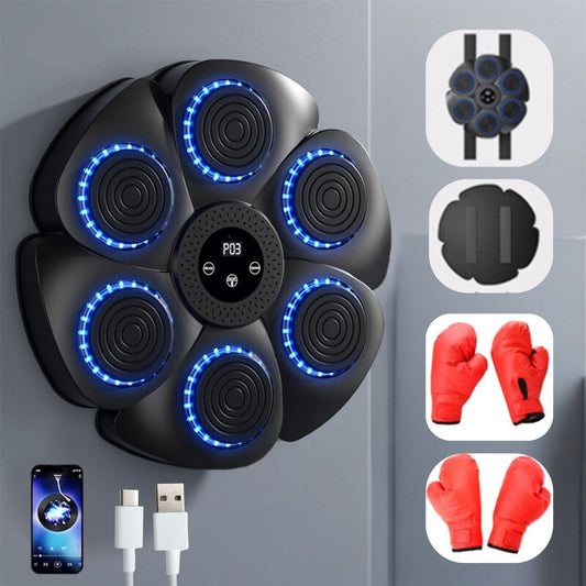 Schwarze BoxPro Smart Boxmaschine mit roten Handschuhen und Sensoren, Wandmontage.