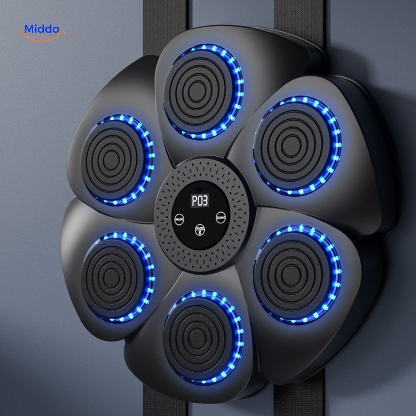 Schwarze Boxmaschine mit blauen LEDs und sechs Sensoren, rundes Design, Fitnessgerät.
