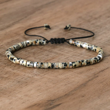 Braided Bracelet with 2.4 mm Natural Stone Rollers - Seraphina-Dalmatian jasper-Nora Luxe