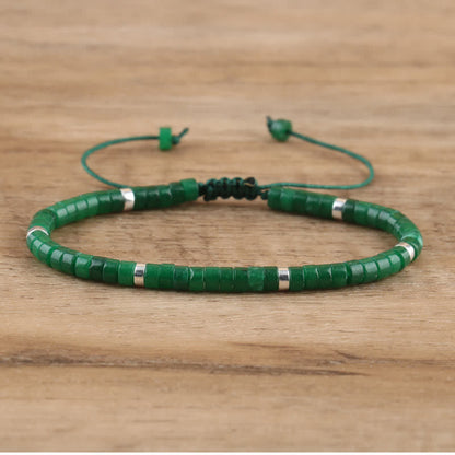 Braided Bracelet with 2.4 mm Natural Stone Rollers - Seraphina-Dark green jade-Nora Luxe