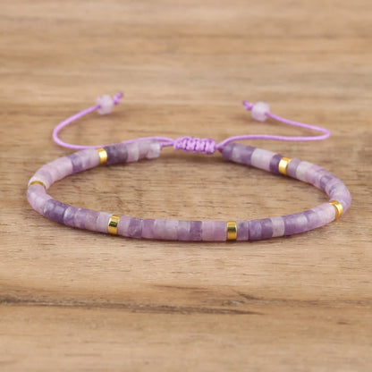 Braided Bracelet with 2.4 mm Natural Stone Rollers - Seraphina-Lepidolite & Gold-Nora Luxe