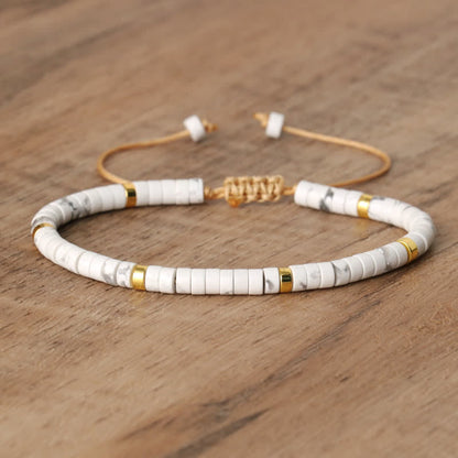 Braided Bracelet with 2.4 mm Natural Stone Rollers - Seraphina-White turquoise-Nora Luxe