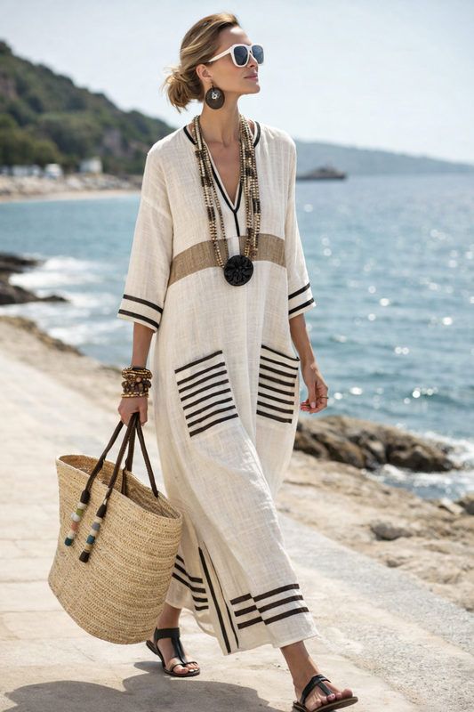 Ella - Airy Beach Dress with V-Neck and Stripes