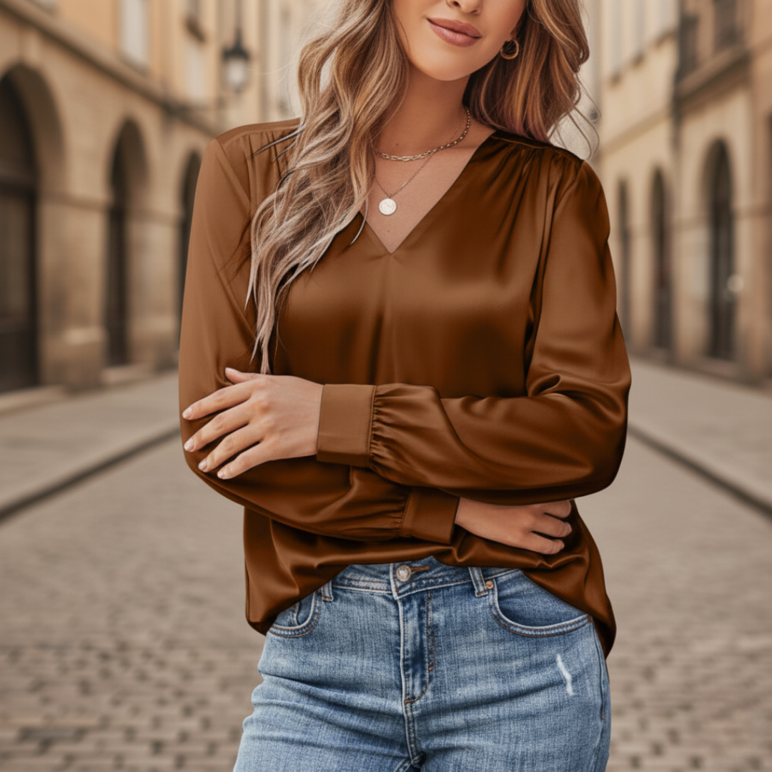 Damen Satinbluse mit V-Ausschnitt und Langarm