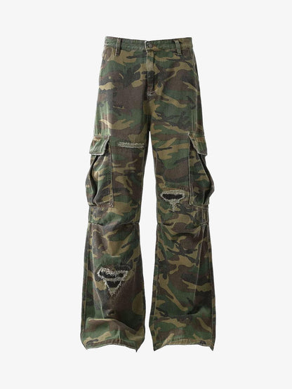 Woven Ripped Camouflage Cargo Baggy Pants