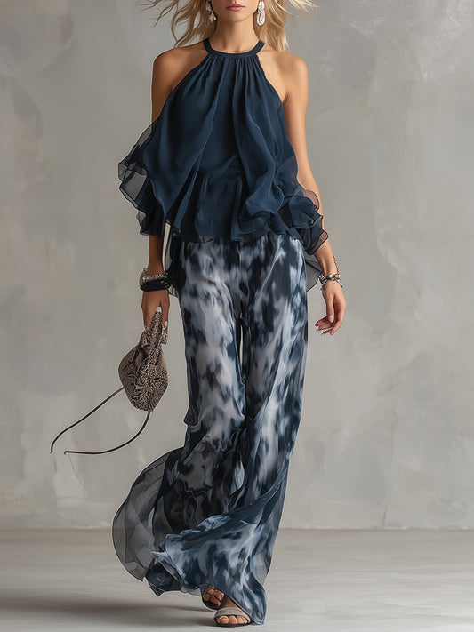 Karen - Elegant Two Piece Trousers Set In Navy Blue